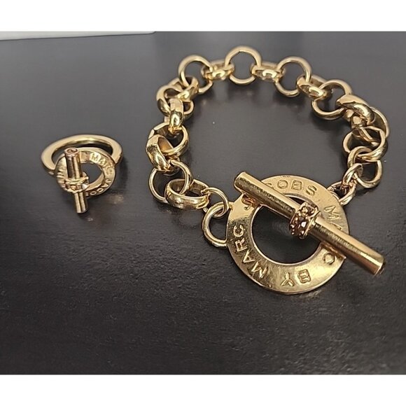 MARC JACOBS gold tone womens Ring and chain link Bracelet Set with crystal stone - Picture 1 of 9
